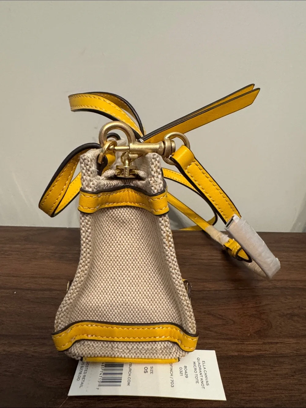 NWT Tory Burch Ella Canvas Quadrant Knot Micro Tote Goldfinch Yellow Crossbody